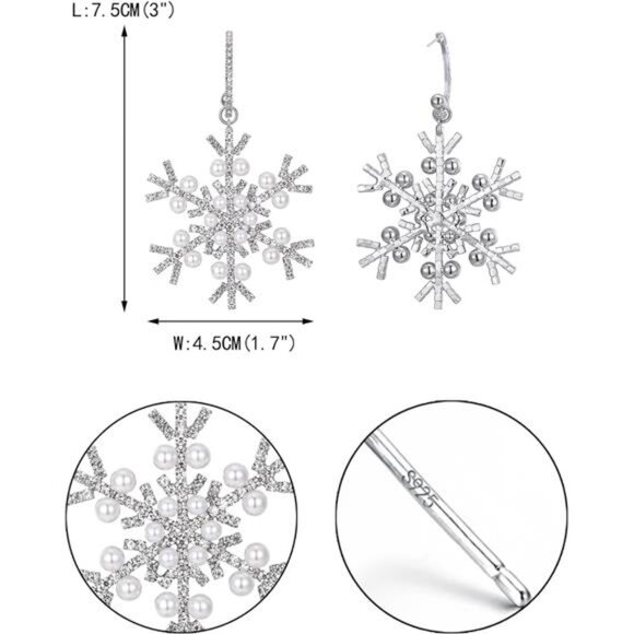 Pearl Snowflake Diamond Stud Silver Dainty Luxury Winter Christmas Mini Earrings - Picture 6 of 8
